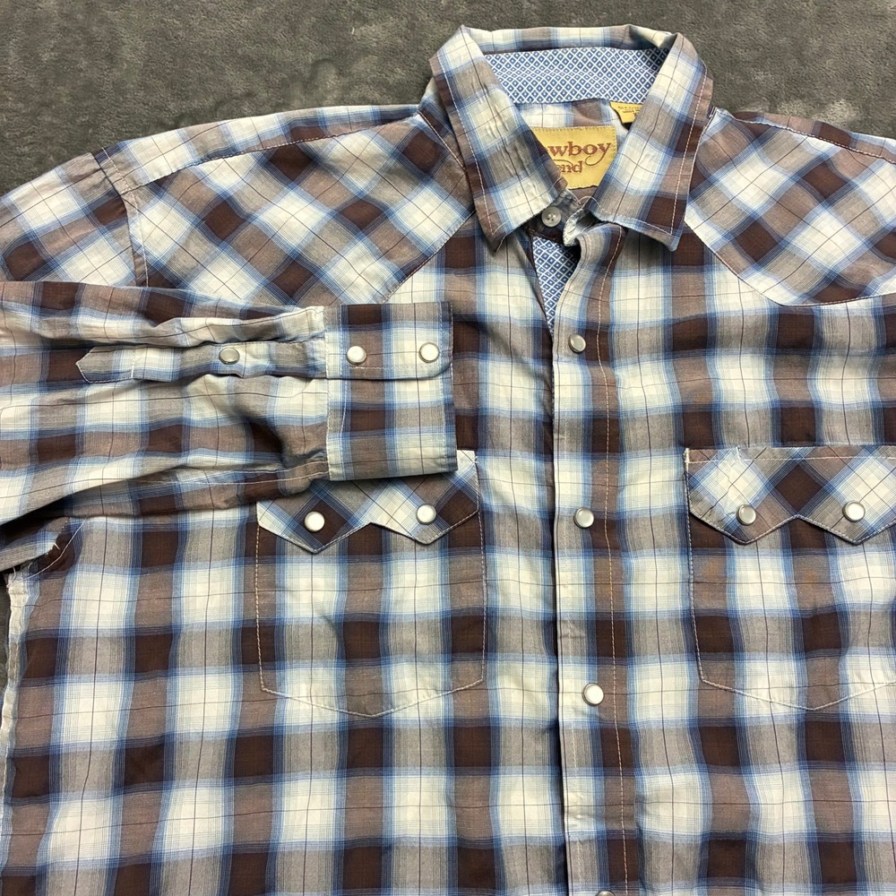 Cowboy Legend Shirt Men's XXL Plaid Brown Blue White Western Snap Button Down